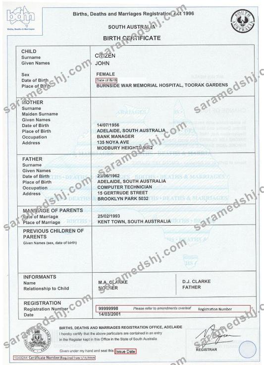 Australia South Australia birth certificate